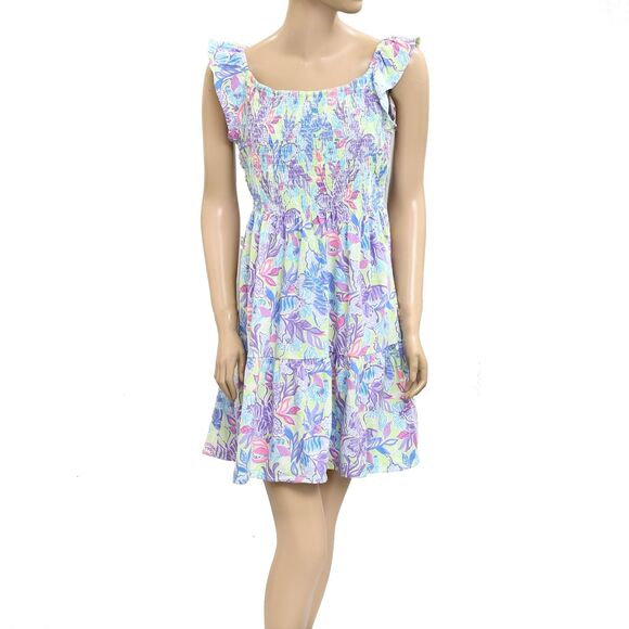 Lilly Pulitzer Floral Print Smocked Mini Short Dress Cotton Ruffle XL New 279932 - Picture 1 of 5
